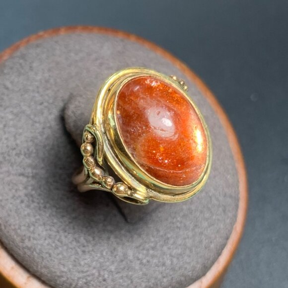 Handmade 14KY Gold Feldspar Sunstone Ring Split Shank Beaded Scroll Design SZ 6 - Picture 3 of 10